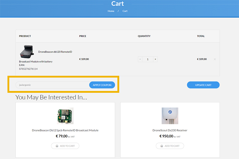Instructions on how to enter your 5% discount on the purchase of your drone remote identifier