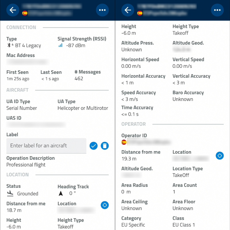 Información que se publica en la identificación remota para drones a través d ela app Drone Scanner