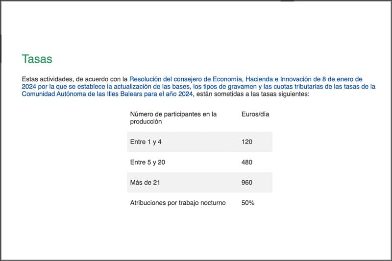 Price of fees for filming in Protected Natural Areas (ENP) in Mallorca