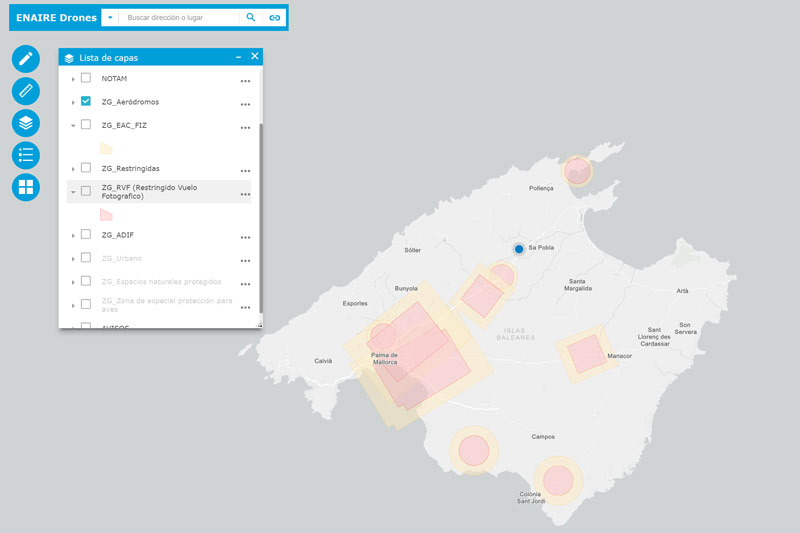 Map Enaire Drones aerodromes, heliports, microlight activities and airports of Majorca