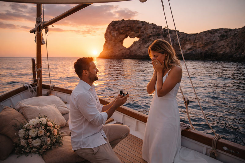 Pedida de mano en Sa Foradada en un barco con el sol detrás