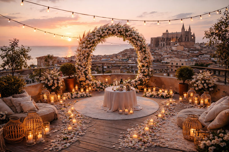 Pedida de mano en un rooftop en una terraza de Palma en Mallorca